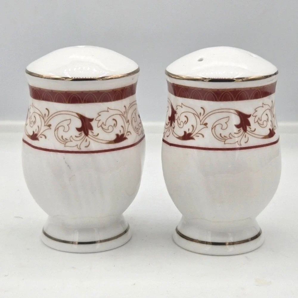 Vintage Fine China Burgundy & Gold Scroll Salt and Pepper Shakers Set 3